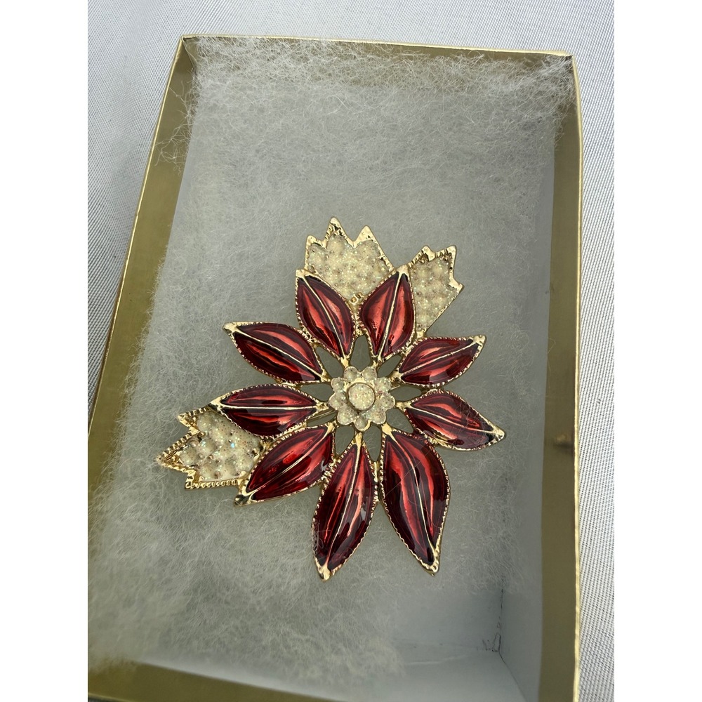Vintage Red Enamel Poinsettia Brooch Gold Tone Christmas Flower Pin Holiday